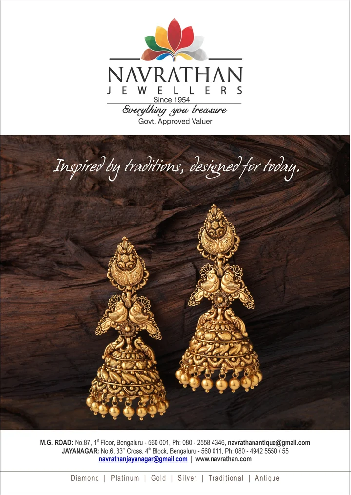 Navrathan campaign with a pair of gold jhumka earrings photographed against carved wood