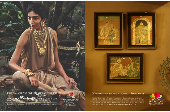 Navrathan magazine spread with a woman in beige wearing gold jewellery and a collection of framed artworks