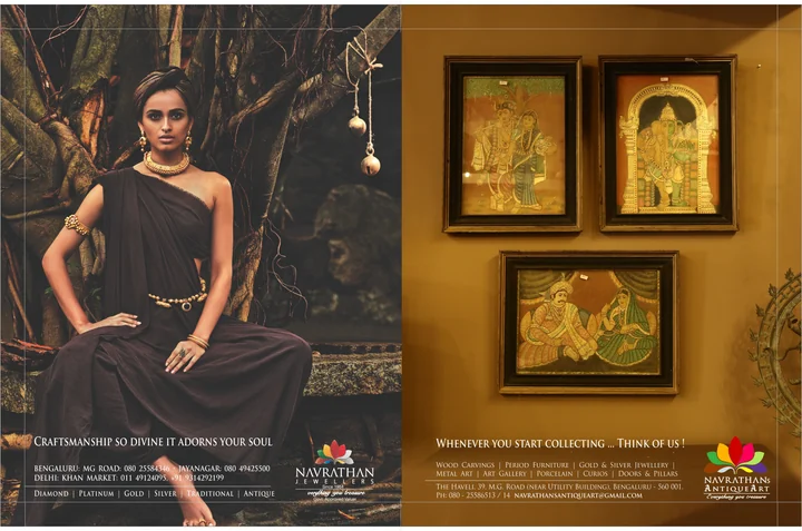 Navrathan campaign portrait of a woman wearing gold jewellery beside a tree
