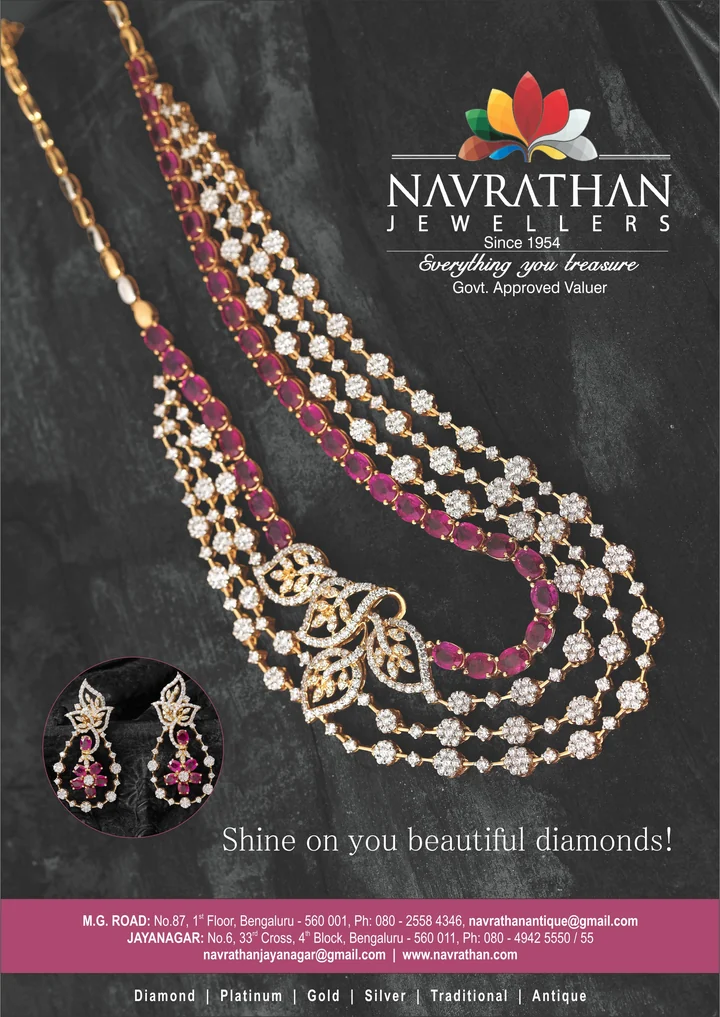 Navrathan diamond and gemstone necklaces arranged on a dark stone background